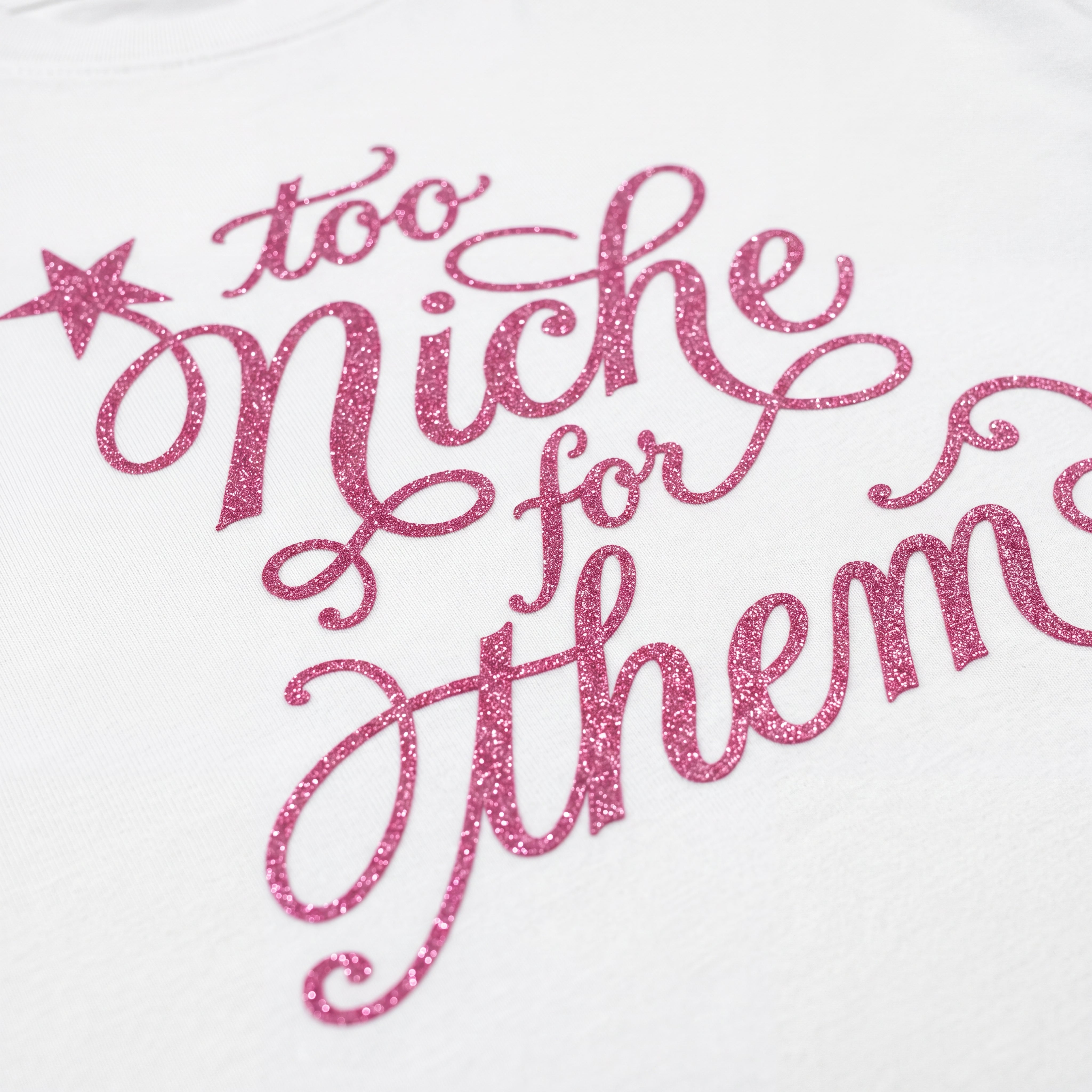 too niche for them glitter boxy t-shirt